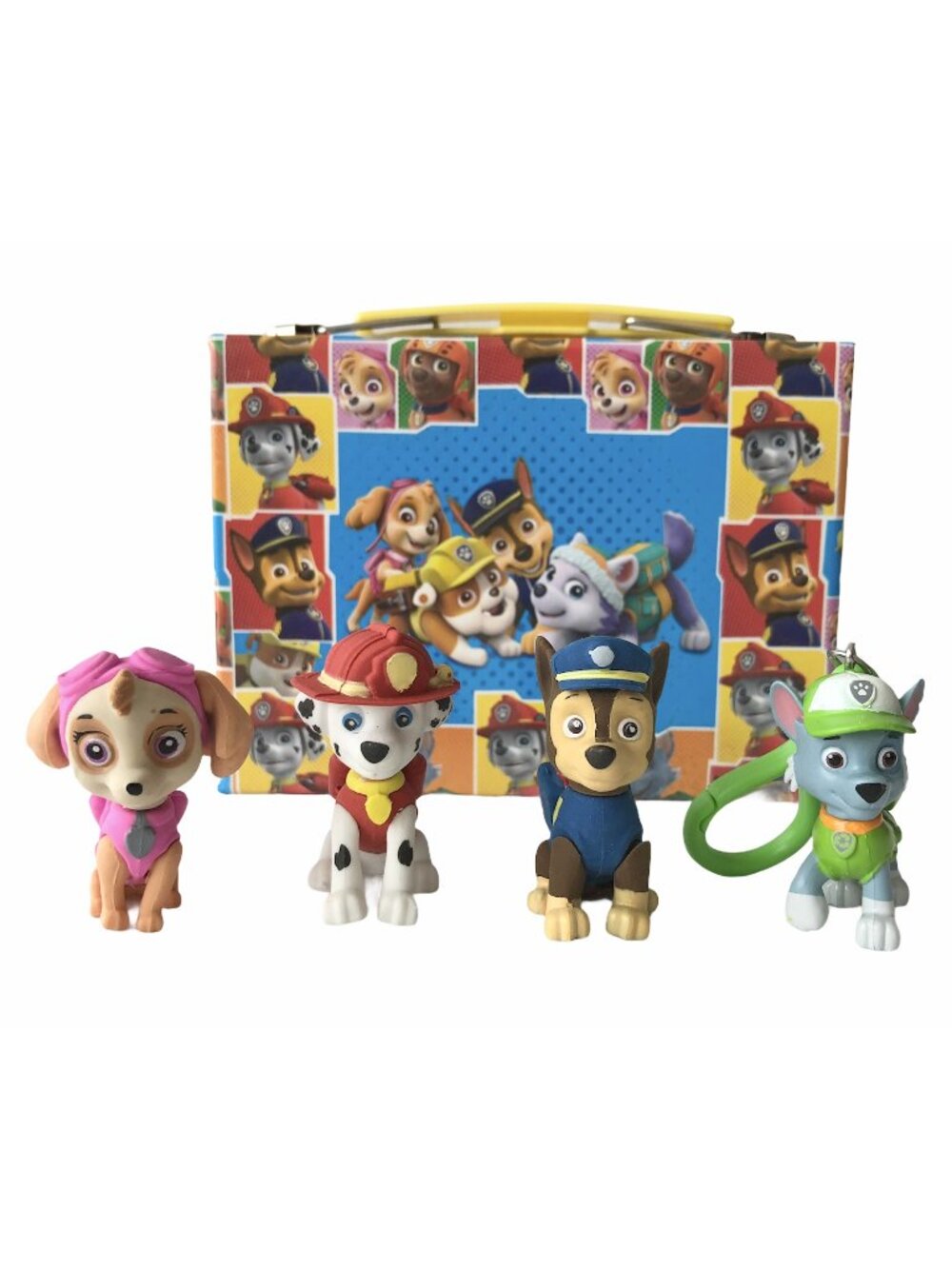 4 PAW PATROL Figure Carrying Case Spin Master Buildable Erasers Keychain Sticker